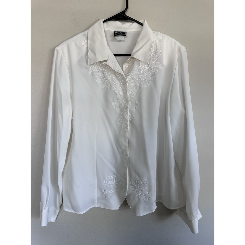 Vintage Southern Lady Western Paisley Embroidered Long Sleeve White Blouse Rodeo